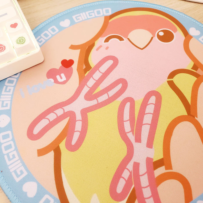 Cute Bird Cockatiel Mouse Pad: pink, yellow-green cartoon pink creature hugging a yellow-green object, cute cartoon/kawaii st