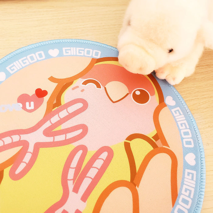 Cute Bird Cockatiel Mouse Pad: pink, yellow-green cartoon pink creature hugging a yellow-green object, cute cartoon/kawaii st