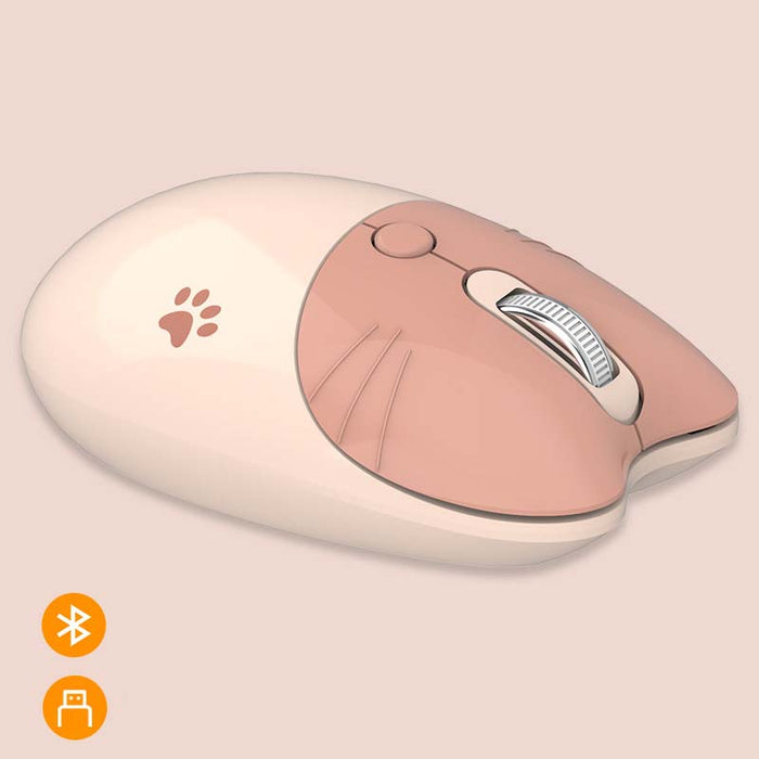 Cute Bluetooth Wireless Mouse in Pastel: pale pink, salmon pink cat theme, cute cartoon style