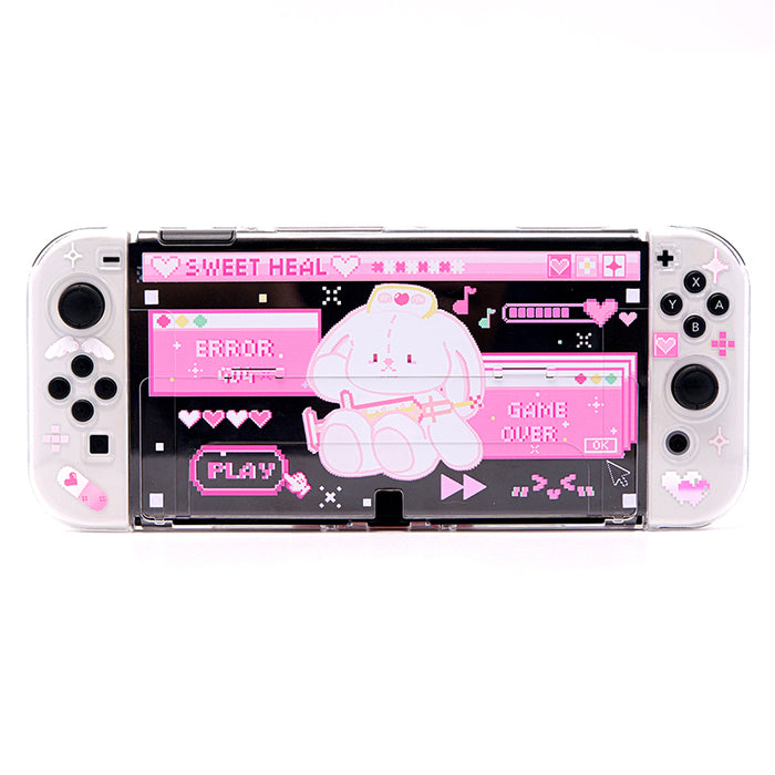 Cute Bunny Nurse Switch OLED Case: white, pink bunny character, kawaii, retro pixel-art style