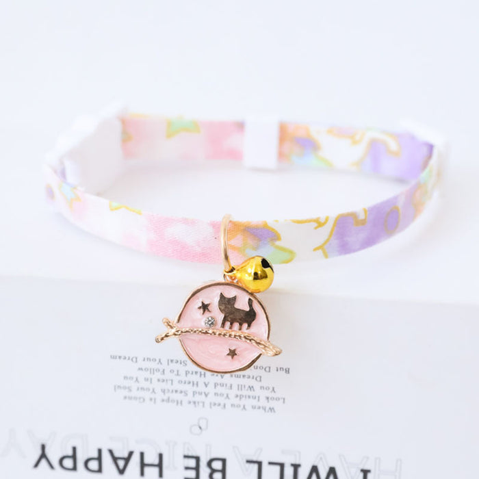Cute Cat Collars with Astronomy Designs: pink, white rainbow and clouds, cute cartoon style