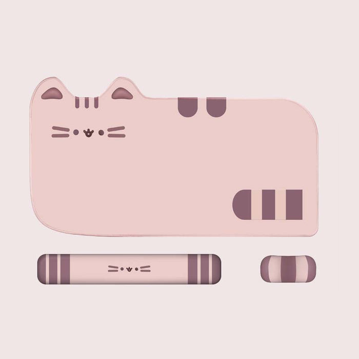 Cute Cat Gaming Mouse Mat Set: pale pink, dark mauve cat, kawaii cartoon style