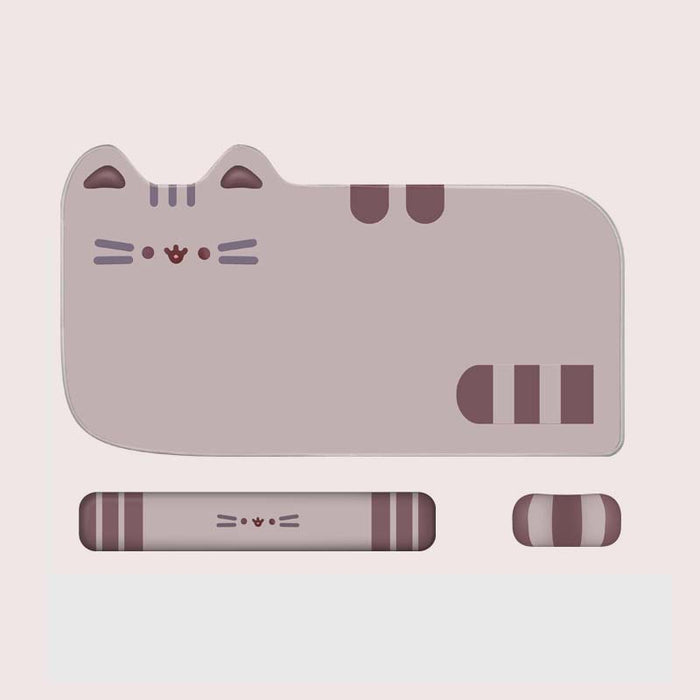 Cute Cat Gaming Mouse Mat Set: pale pink, dark mauve cat, kawaii cartoon style