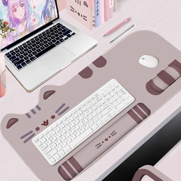 Cute Cat Gaming Mouse Mat Set: pale pink, dark mauve cat, kawaii cartoon style