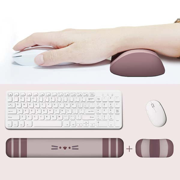 Cute Cat Gaming Mouse Mat Set: pale pink, dark mauve cat, kawaii cartoon style