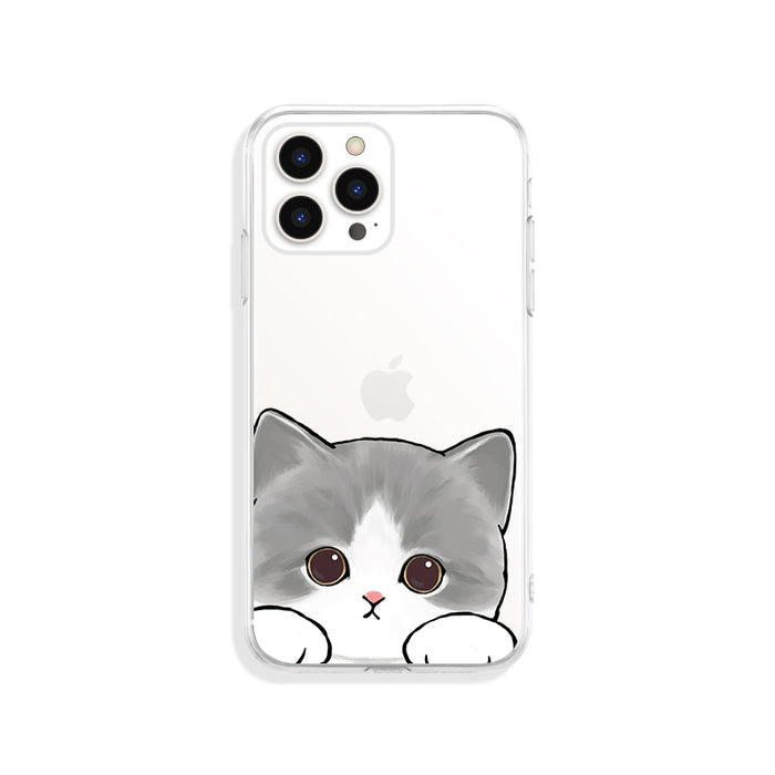 Cute Cat iPhone Case with Protection: transparent, gray cat, kawaii cartoon style