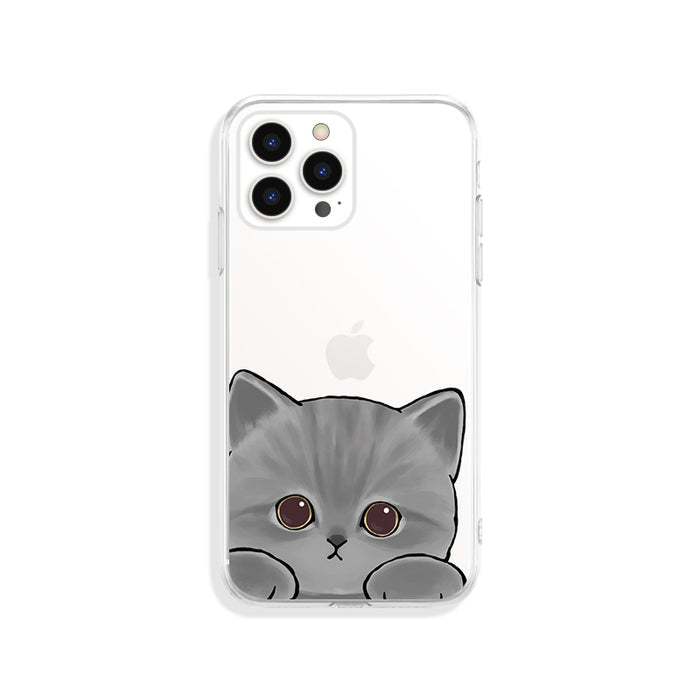 Cute Cat iPhone Case with Protection: transparent, gray cat, kawaii cartoon style