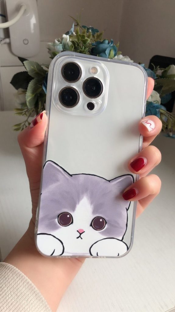 Cute Cat iPhone Case with Protection: transparent, gray cat, kawaii cartoon style