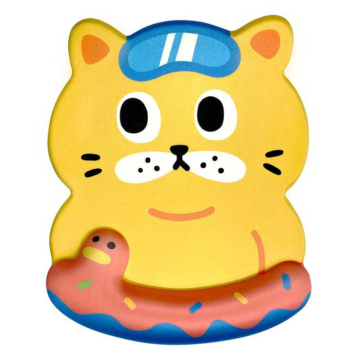 Cute Cat Keyboard Wrist Rest Mouse Pad: yellow, orange yellow cat holding a donut with a small worm-like character, kawaii ca