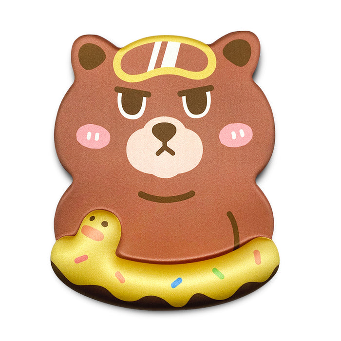 Cute Cat Keyboard Wrist Rest Mouse Pad: yellow, orange yellow cat holding a donut with a small worm-like character, kawaii ca