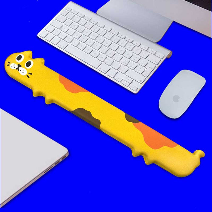 Cute Cat Keyboard Wrist Rest Mouse Pad: yellow, orange yellow cat holding a donut with a small worm-like character, kawaii ca