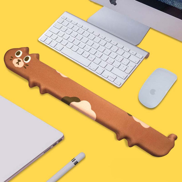 Cute Cat Keyboard Wrist Rest Mouse Pad: yellow, orange yellow cat holding a donut with a small worm-like character, kawaii ca