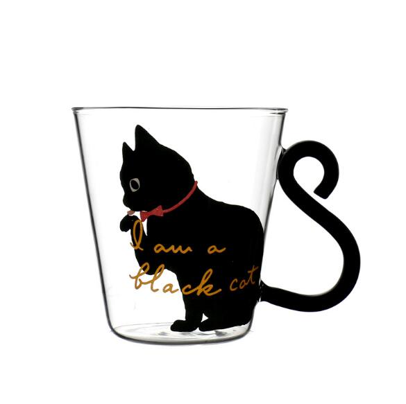 Cute Cat Mug with Tail Handle: transparent, black black cat, cartoon style