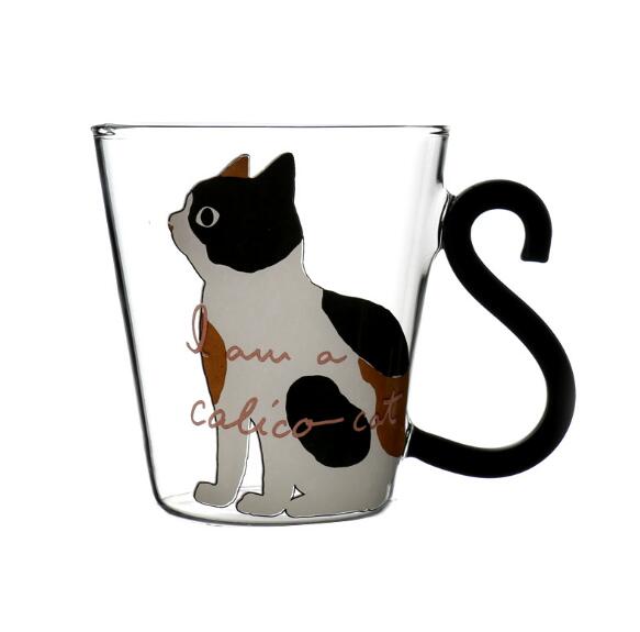 Cute Cat Mug with Tail Handle: transparent, black black cat, cartoon style