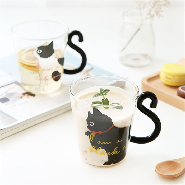 Cute Cat Mug with Tail Handle: transparent, black black cat, cartoon style