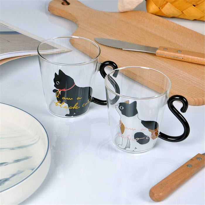 Cute Cat Mug with Tail Handle: transparent, black black cat, cartoon style