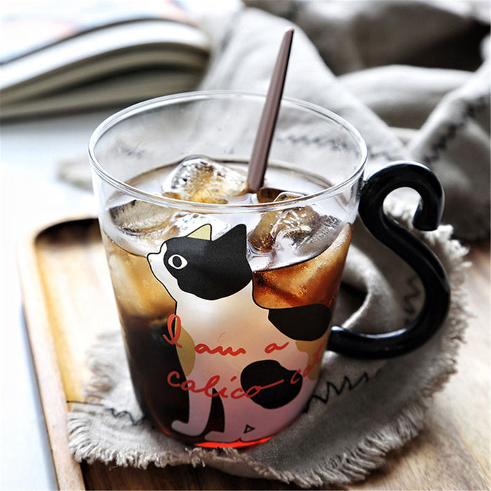 Cute Cat Mug with Tail Handle: transparent, black black cat, cartoon style