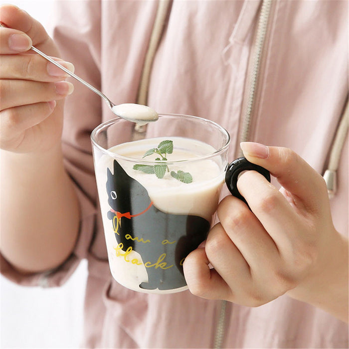Cute Cat Mug with Tail Handle: transparent, black black cat, cartoon style