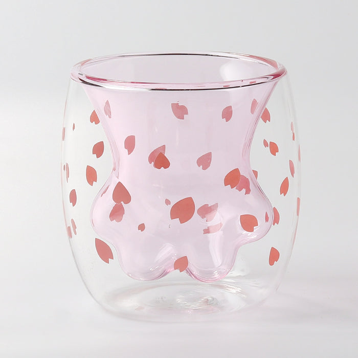 Cute Cat Paw Double Wall Glass Mug: transparent, light pink drinking glass, cute, minimalist style