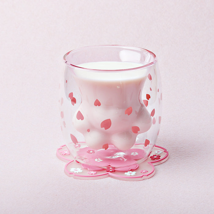 Cute Cat Paw Double Wall Glass Mug: transparent, light pink drinking glass, cute, minimalist style