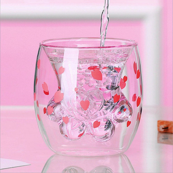 Cute Cat Paw Double Wall Glass Mug: transparent, light pink drinking glass, cute, minimalist style