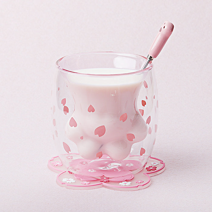 Cute Cat Paw Double Wall Glass Mug: transparent, light pink drinking glass, cute, minimalist style