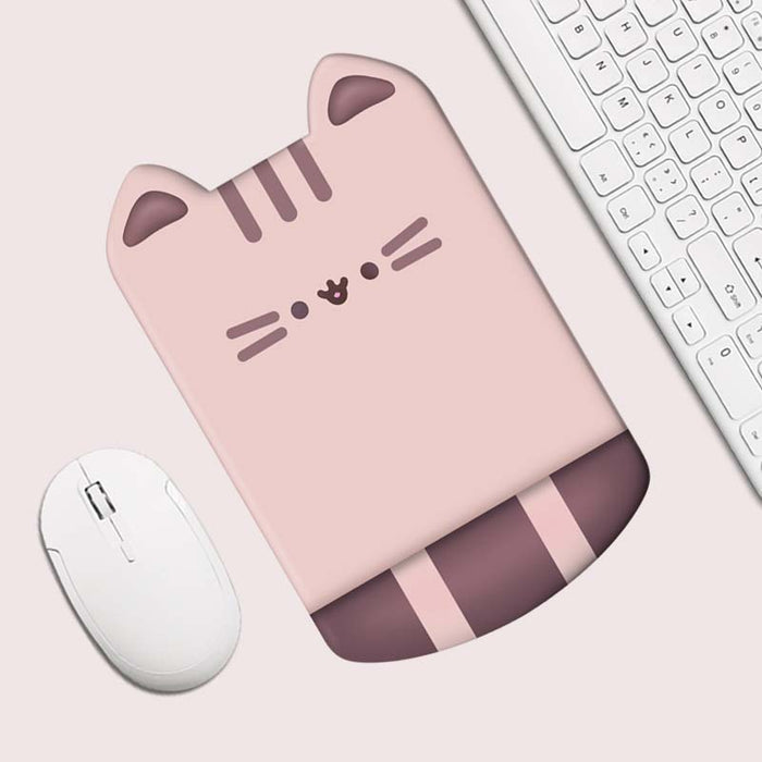 Cute Cat Wrist Support Mousepad: light pink, dark mauve cat, kawaii cartoon style