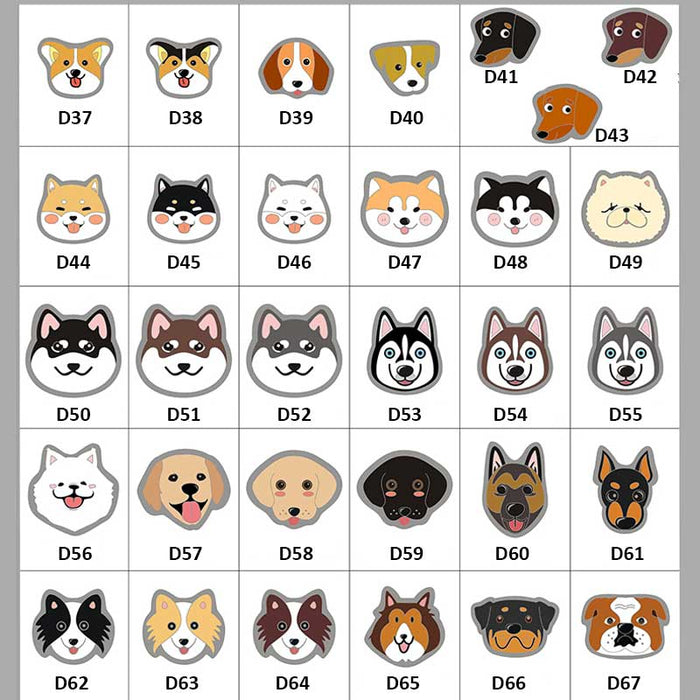 Cute Customizable Dog Face ID Tags: white, black cartoon dogs, kawaii cartoon style