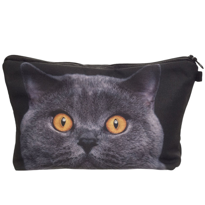 Cute Feline Cosmetics Holder Pencil Bag: black, dark gray gray cat, realistic animal print style