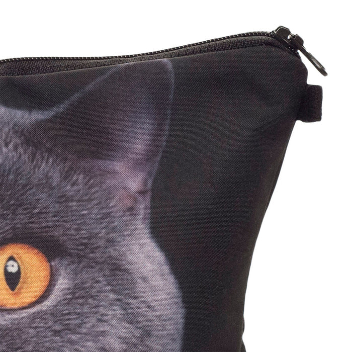 Cute Feline Cosmetics Holder Pencil Bag: black, dark gray gray cat, realistic animal print style