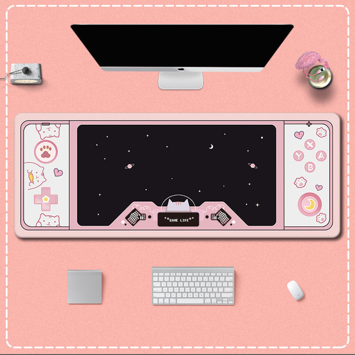 Cute Gaming Desk Mats: Personalize Workspace: pink, black space theme with cute cat-themed side illustrations, kawaii cartoon