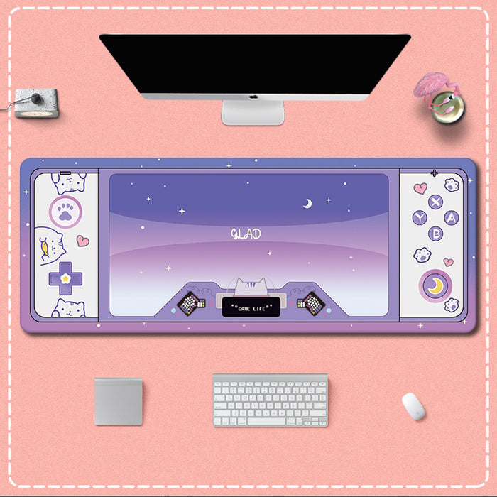 Cute Gaming Desk Mats: Personalize Workspace: pink, black space theme with cute cat-themed side illustrations, kawaii cartoon