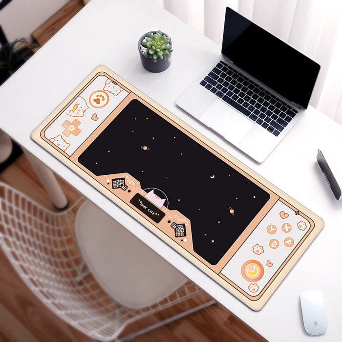 Cute Gaming Desk Mats: Personalize Workspace: pink, black space theme with cute cat-themed side illustrations, kawaii cartoon
