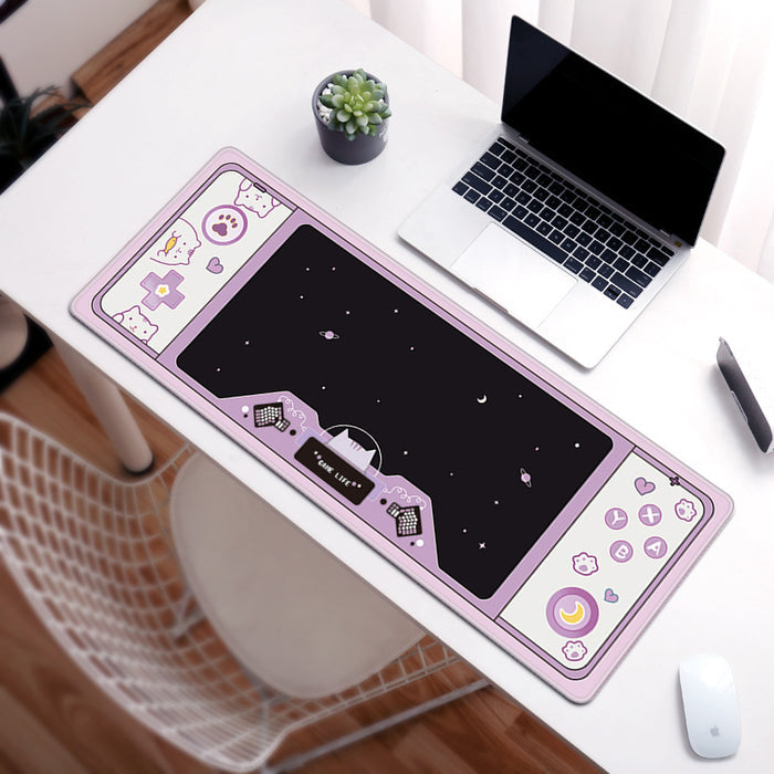 Cute Gaming Desk Mats: Personalize Workspace: pink, black space theme with cute cat-themed side illustrations, kawaii cartoon