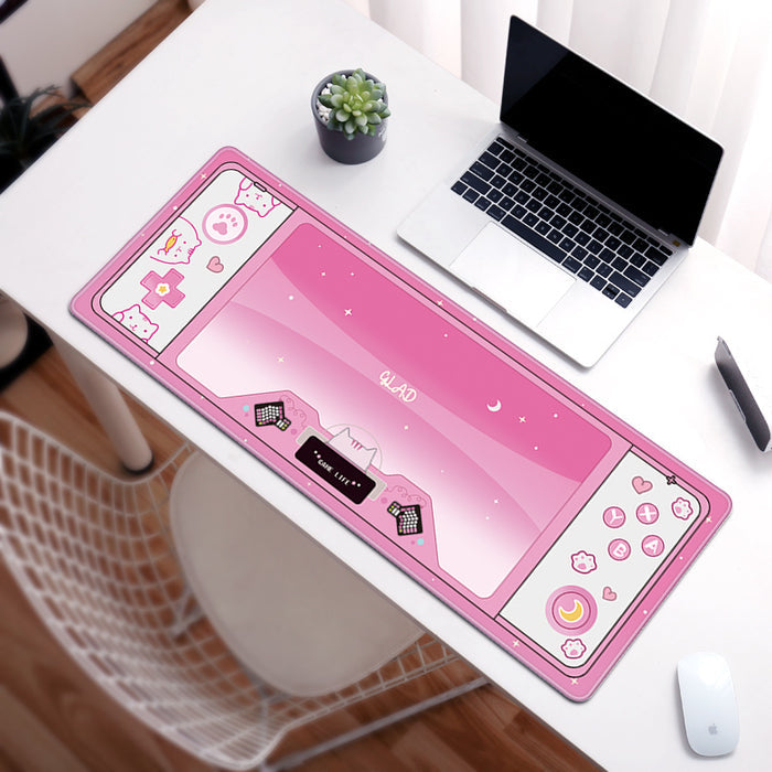 Cute Gaming Desk Mats: Personalize Workspace: pink, black space theme with cute cat-themed side illustrations, kawaii cartoon
