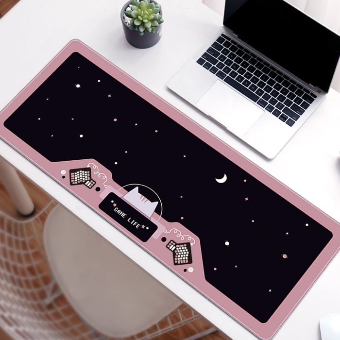 Cute Gaming Desk Mats: Personalize Workspace: pink, black space theme with cute cat-themed side illustrations, kawaii cartoon