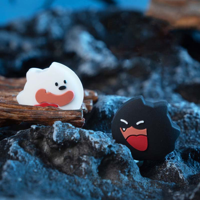 Cute Ghost Switch Joystick Caps: Features & Compatibility: white, black cartoon ghost and black spiky character, cute cartoon
