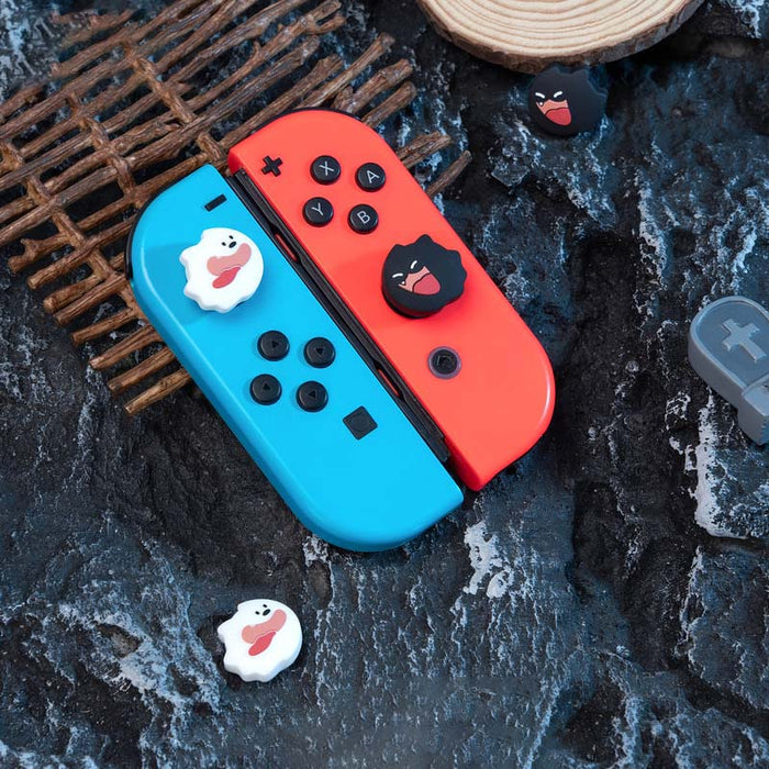 Cute Ghost Switch Joystick Caps: Features & Compatibility: white, black cartoon ghost and black spiky character, cute cartoon