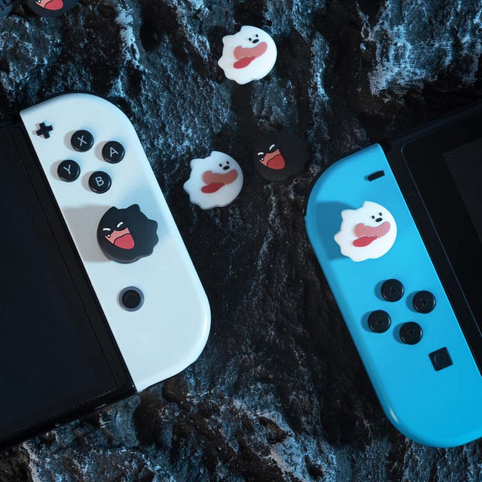 Cute Ghost Switch Joystick Caps: Features & Compatibility: white, black cartoon ghost and black spiky character, cute cartoon