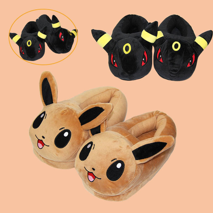 Cute House Slippers for Umbreon lovers: black, yellow Umbreon character, cartoon/kawaii style