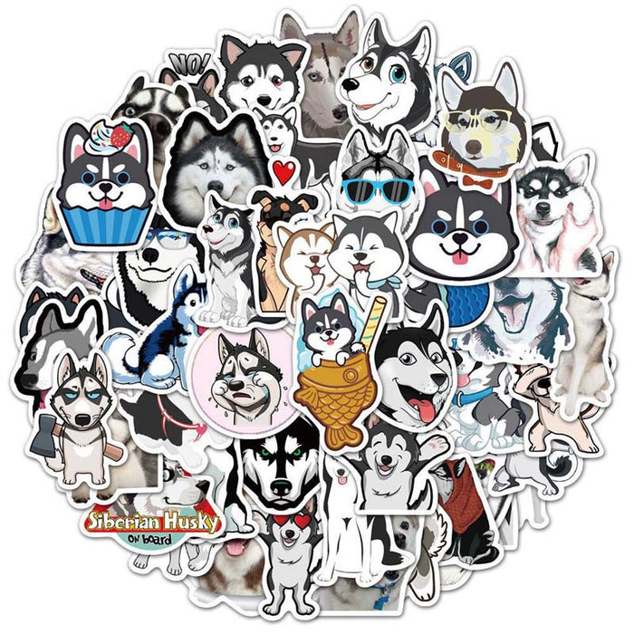 Cute Husky Dog Stickers for Customization: black, white Siberian husky dogs, cartoon, kawaii, mixed realistic illustration st
