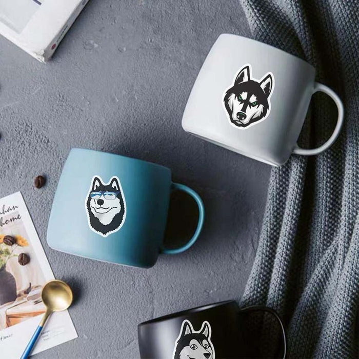 Cute Husky Dog Stickers for Customization: black, white Siberian husky dogs, cartoon, kawaii, mixed realistic illustration st