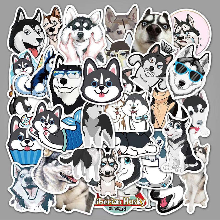 Cute Husky Dog Stickers for Customization: black, white Siberian husky dogs, cartoon, kawaii, mixed realistic illustration st