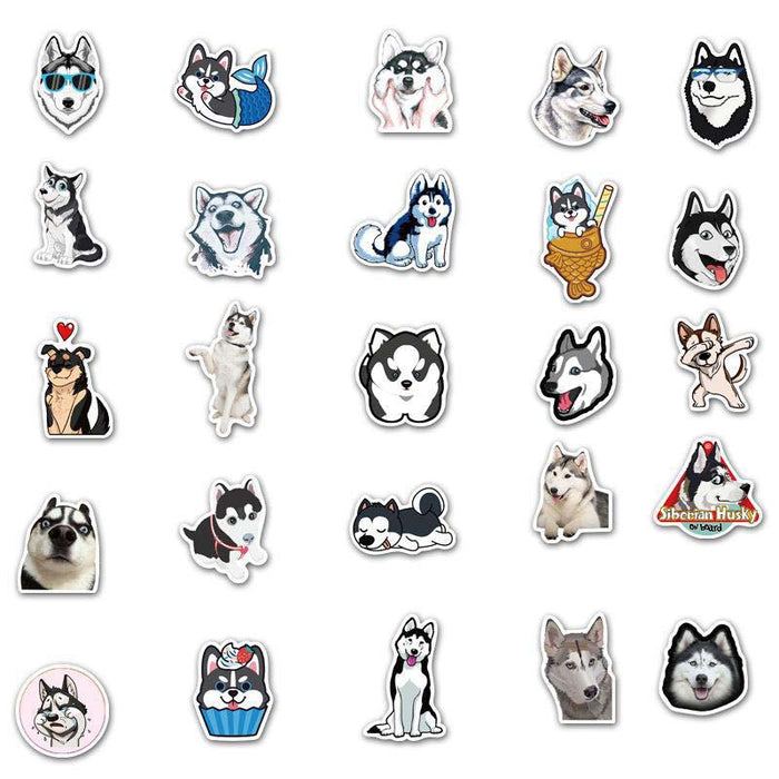Cute Husky Dog Stickers for Customization: black, white Siberian husky dogs, cartoon, kawaii, mixed realistic illustration st