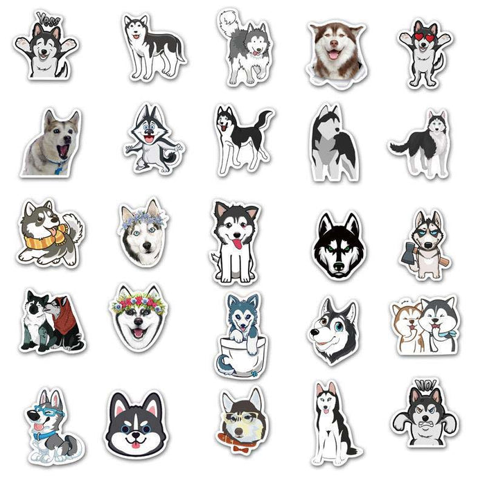 Cute Husky Dog Stickers for Customization: black, white Siberian husky dogs, cartoon, kawaii, mixed realistic illustration st