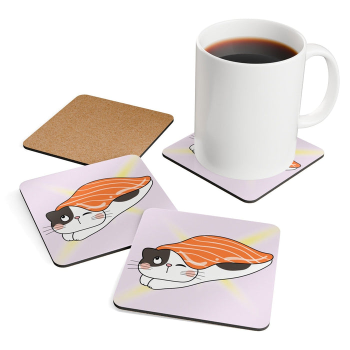 Cute Japanese-inspired Cat Sushi Coasters (Set of 4): orange, white cartoon cat with a salmon sushi topping, kawaii cartoon s