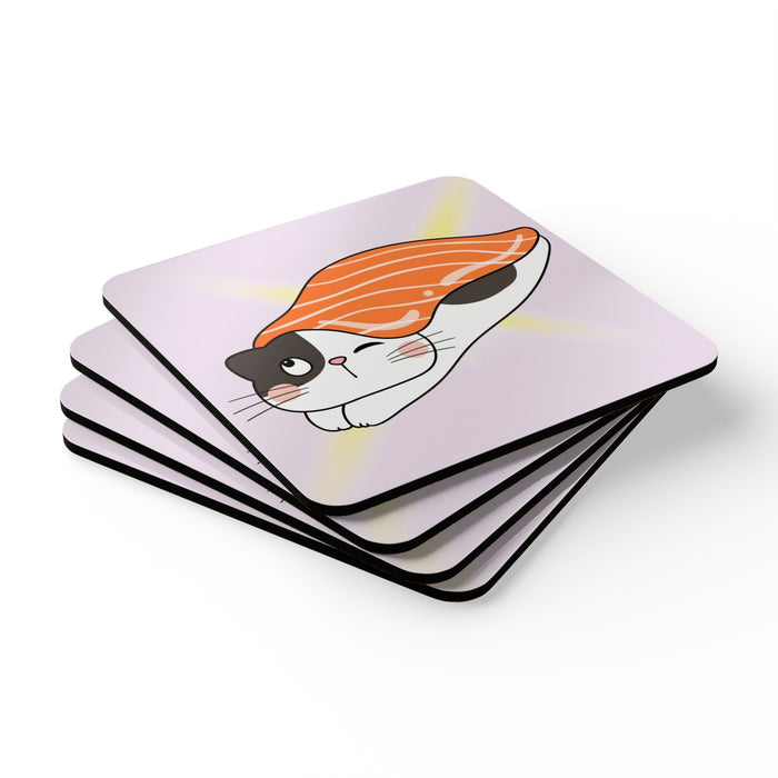 Cute Japanese-inspired Cat Sushi Coasters (Set of 4): orange, white cartoon cat with a salmon sushi topping, kawaii cartoon s