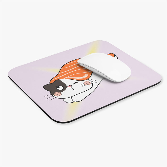 Cute Japanese-inspired Mouse Pad featuring Cat-shaped Sushi: orange, white cartoon cat under a salmon sushi piece, kawaii car