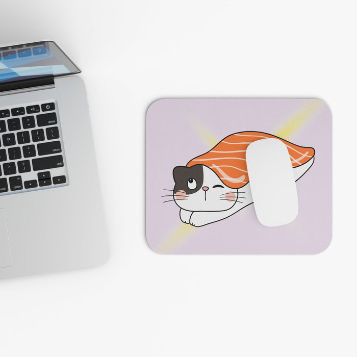 Cute Japanese-inspired Mouse Pad featuring Cat-shaped Sushi: orange, white cartoon cat under a salmon sushi piece, kawaii car