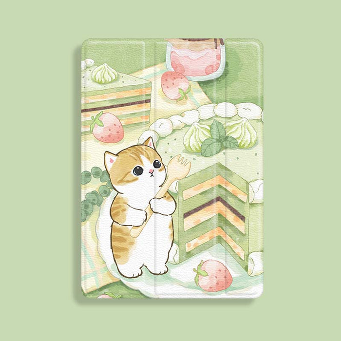 Cute Kawaii iPad Cases with Shockproof Protection: light green, white cartoon cat with strawberries and dessert-themed illust